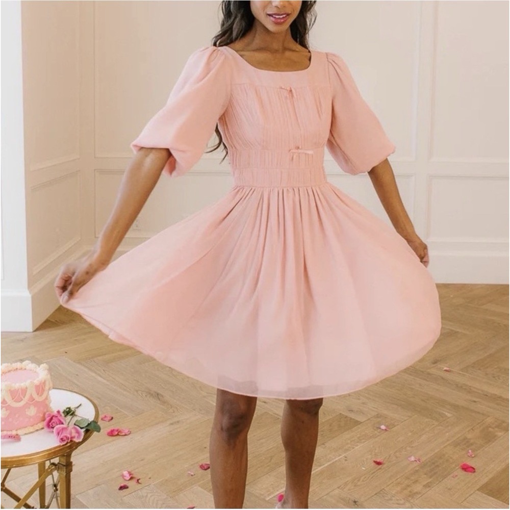 Ivy City Co Do Re Mi Pink Bodice Midi Dress Puff Sleeve Romantic Size L